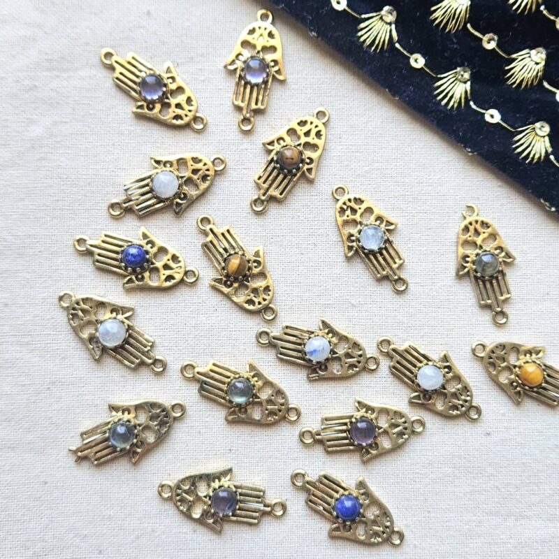 Hamsa Hand Brass Connector with Natural Stone