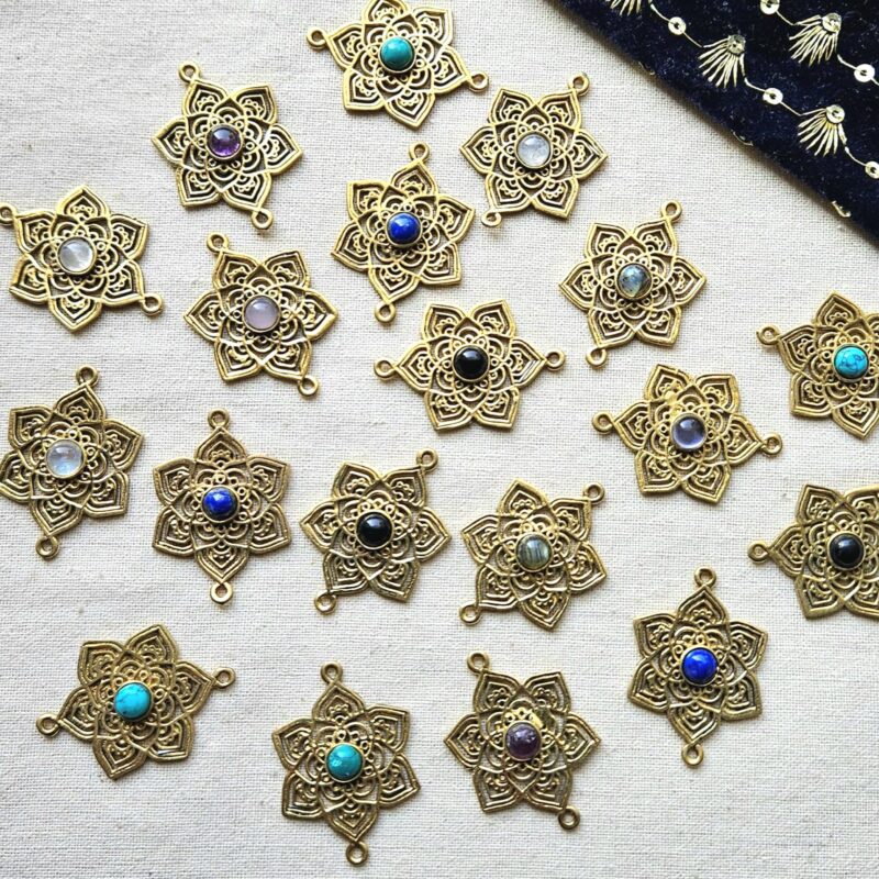 Floral Mandala Brass Connector with Natural Stone