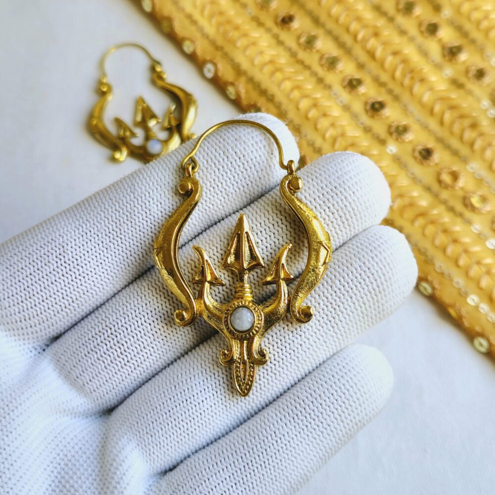 Trishul Brass Earrings with Natural Moonstone
