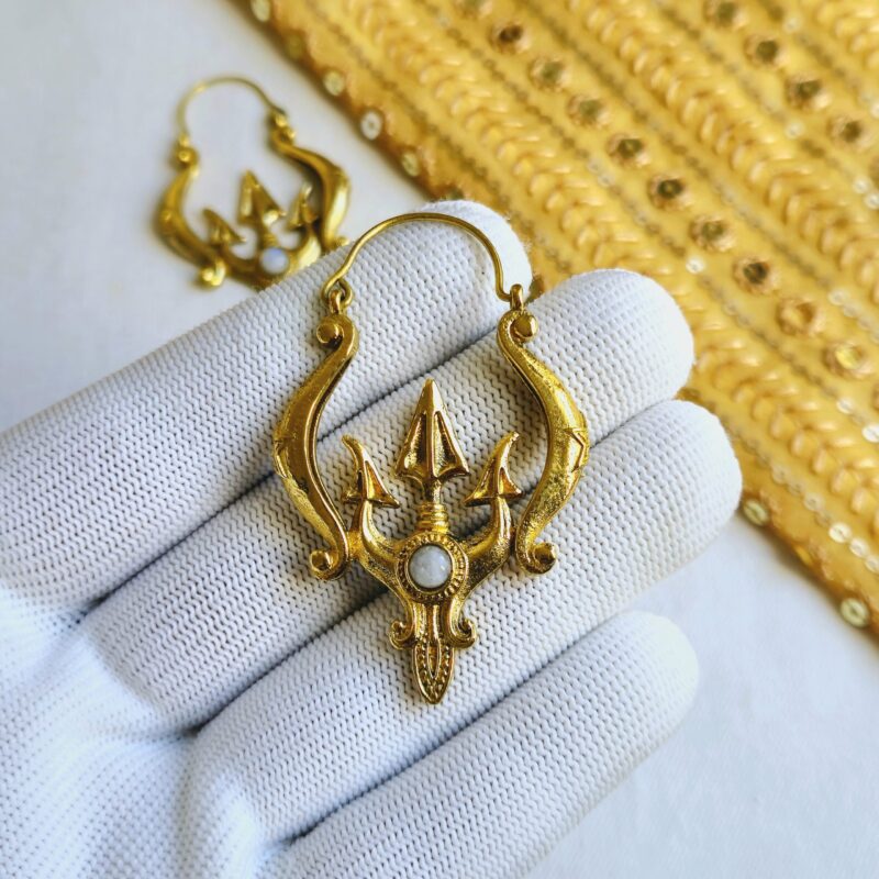 Trishul Brass Earrings with Natural Moonstone