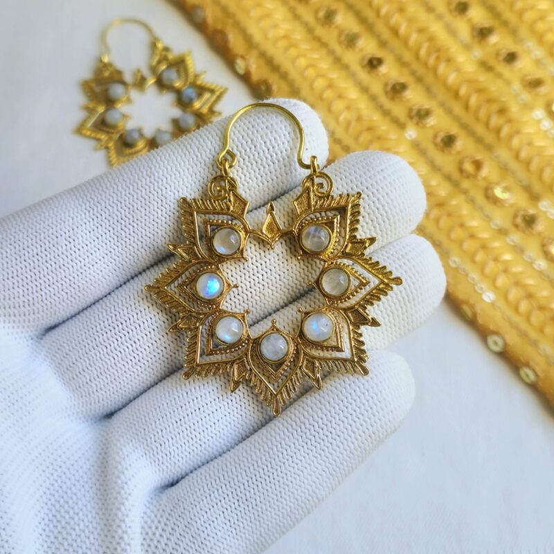 Radiant Lotus Moonstone Brass Earrings – Handcrafted Ethnic Elegance