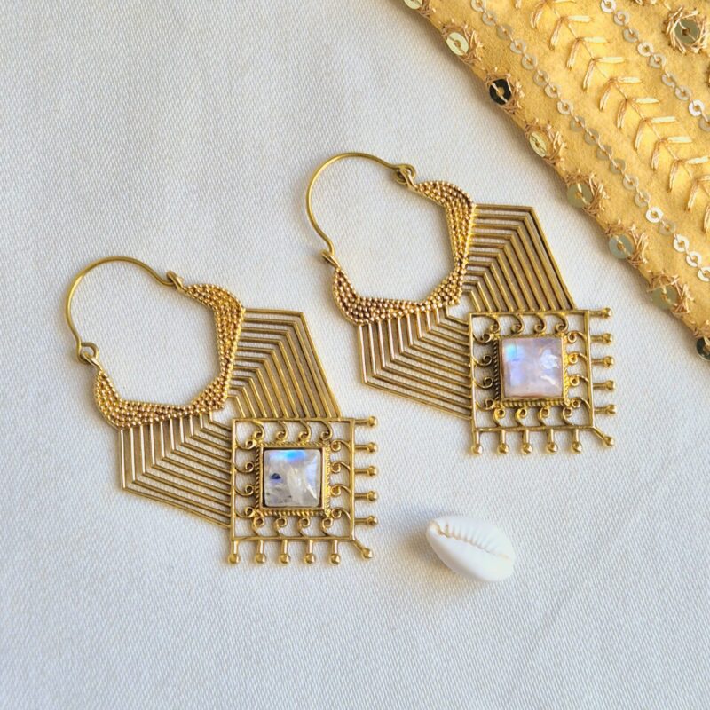 Geometric Brass Moonstone Earrings – Boho Luxe Statement Jewelry