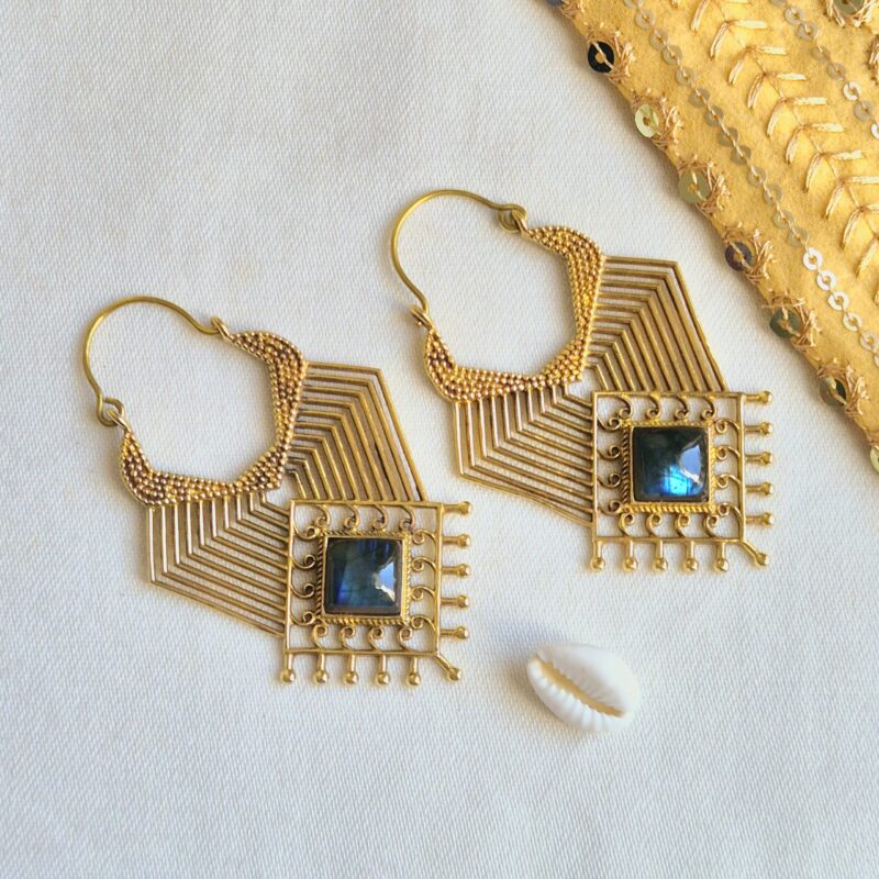 Geometric Brass Labradorite Earrings – Boho Luxe Statement Jewelry
