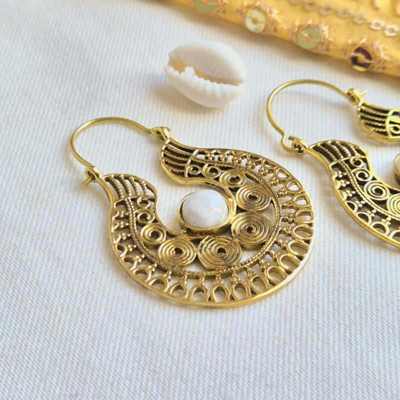 Geometric Brass Moonstone Earrings – Boho Luxe Statement Jewelry