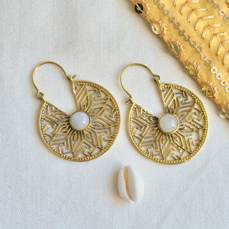 Sacred Geometry Moonstone Brass Earrings – Bohemian Chic Elegance