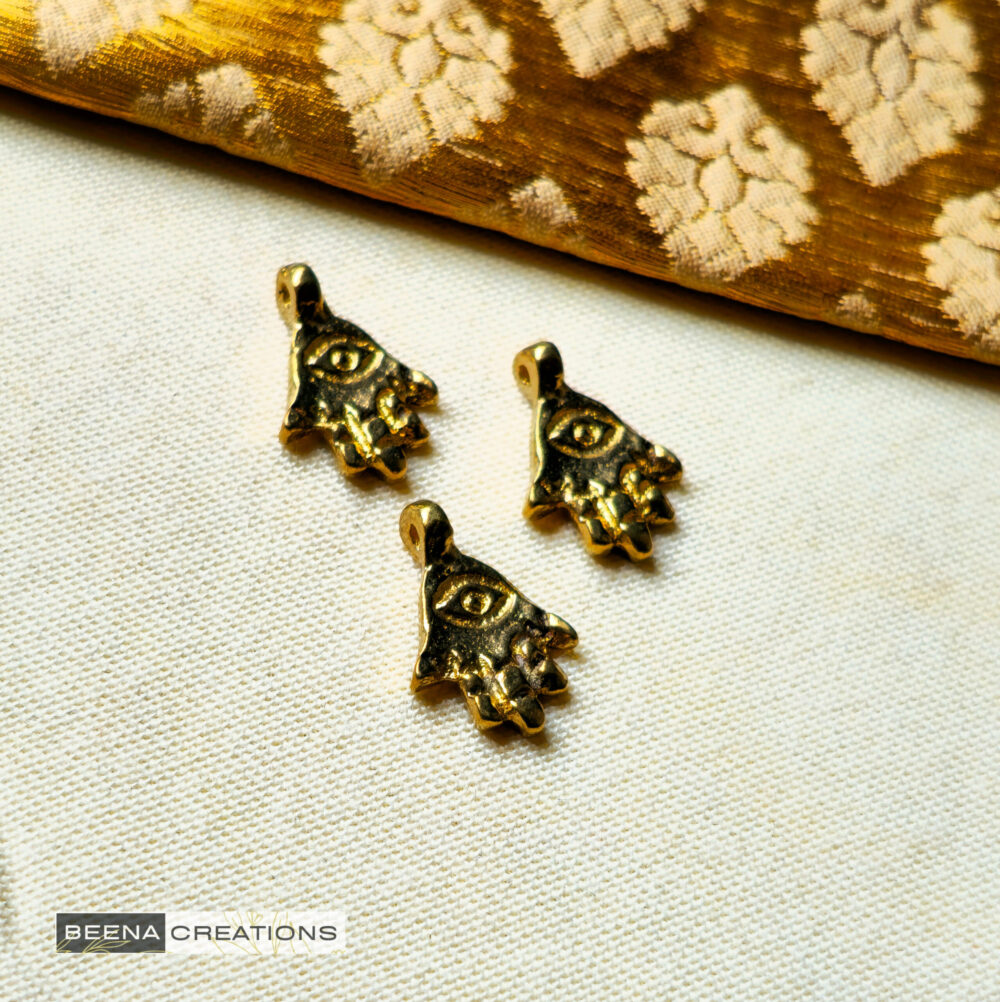 Mini Hamsa Hand Brass Charms – Antique Gold Evil Eye Pendants for Macrame & Jewelry Making