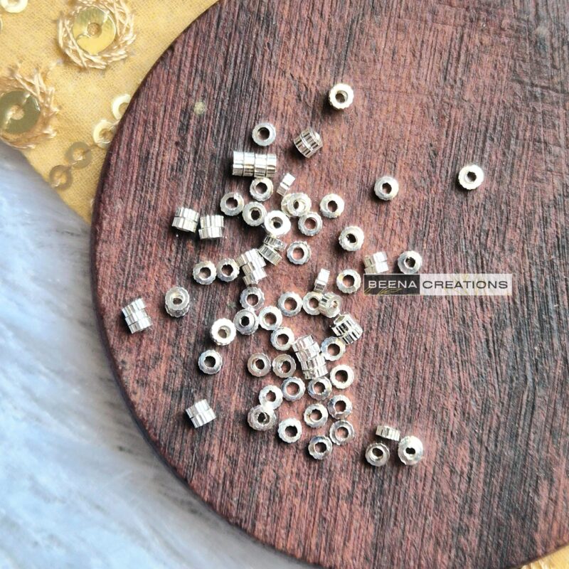 2 MM Ribbed Silver Cylinder Beads