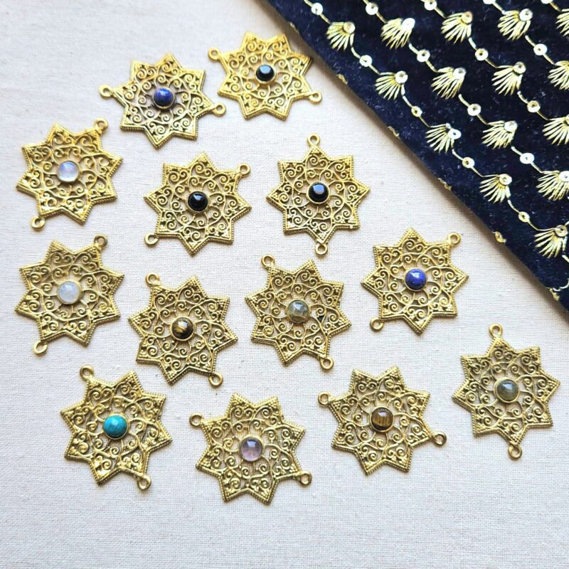 Layered Floral Mandala Brass Connector with Natural Stone