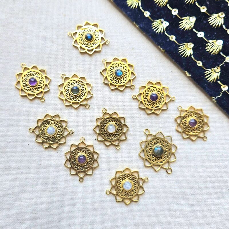 Sunburst Mandala Brass Connector with Natural Stone