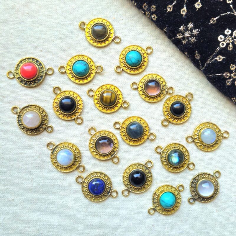 Round Brass Connector with Raised Beaded Border Cabochon Stone