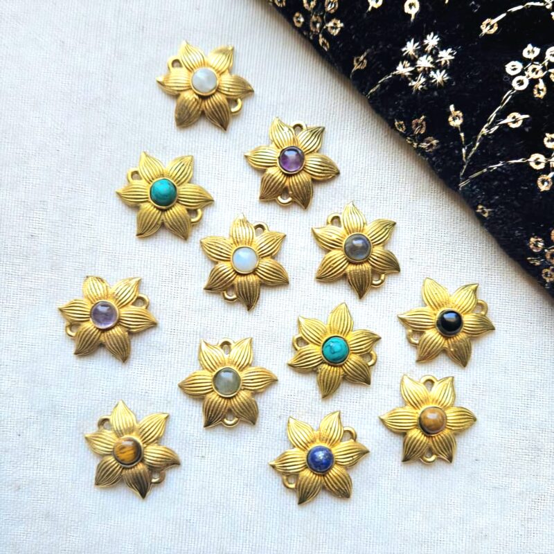 Flower Brass Connector with Round Cabochon Stone