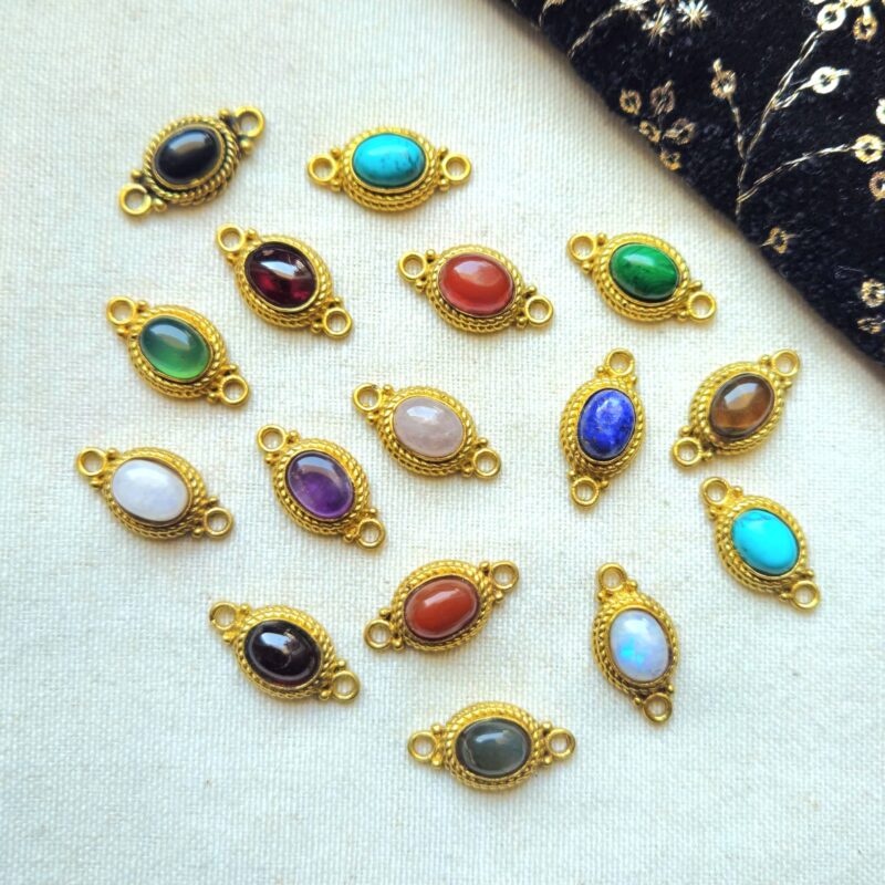 Floral Brass Connector with Round Cabochon Stone