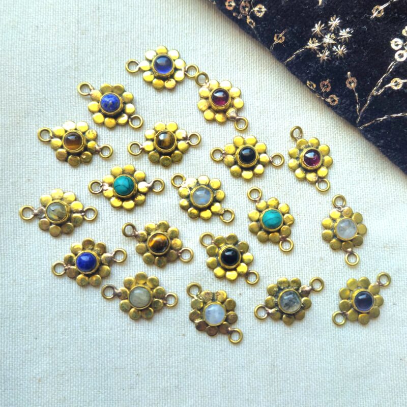 Floral Brass Connector with Cabochon Stone