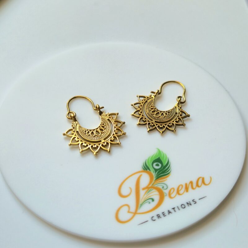 Mandala Sun Brass Earrings, Tribal Boho Hoop Earrings