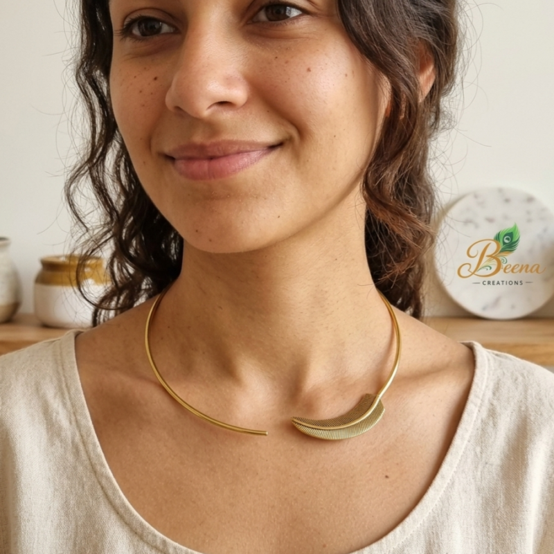 Feather Accent Brass Choker Necklace