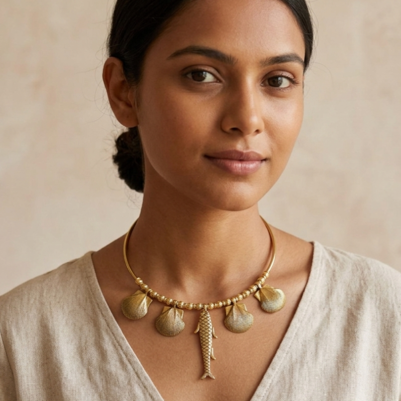 Coastal Shell & Fish Brass Choker Necklace