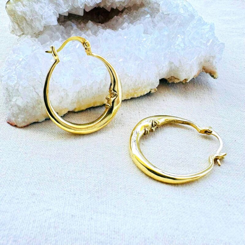 Crescent Moon Face Brass Hoop Earrings